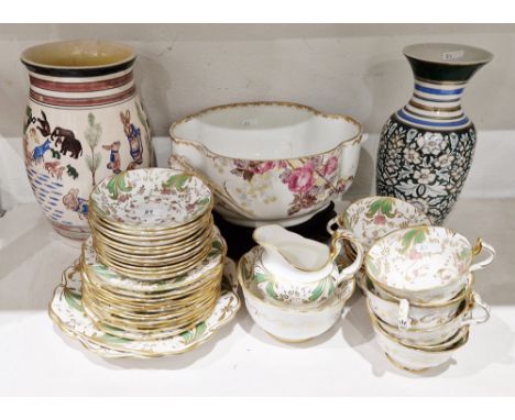 19th century English porcelain Rockingham-style part tea service with green, gilt and pink flower borders, including teacups,