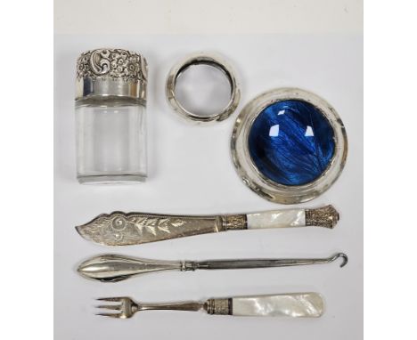 Collection of silver items including a silver trinket dish, the bowl inset with faux butterfly wing (hallmarks rubbed), silve