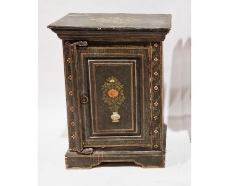 Late 19th/early 20th century green painted pot cupboard with further painted floral still lifes to sides and door, the door o