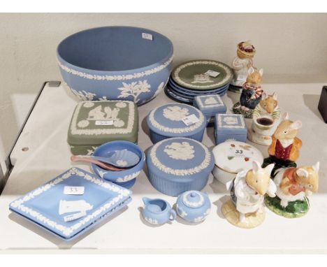 Collection of Wedgwood blue and green jasper ware including a bowl, dishes, pots and covers, miniature jug and two-handled po