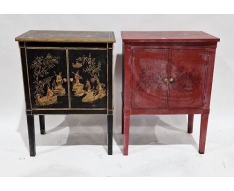 Two modern Japanese-style side cabinets, one with a black ground and chinoiserie-style decoration, the other with a maroon gr