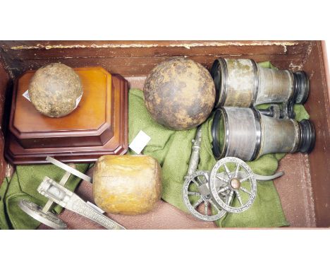 Suitcase of collectables including two iron cannonballs (one with a later made stand), largest 9cm diameter, set of 19th cent