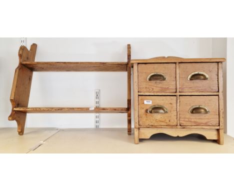 19th century pine cabinet of four small drawers with brass handle, 41cm wide x 43cm high and a 19th century pine two-tier han