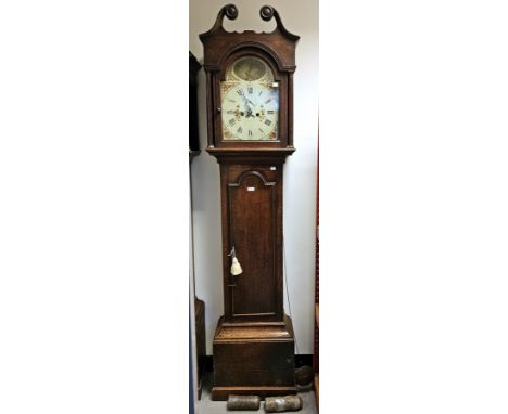 Georgian eight-day oak cased longcase clock&nbsp;by James Coates, Horncastle, with painted broken-arch dial, indistinctly sig