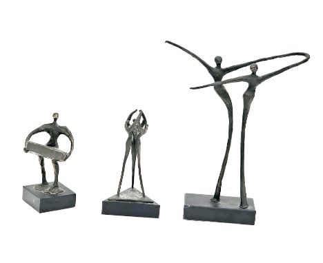 Corry Ammerlaan (Dutch), two contemporary bronze sculptures, one of person carrying a heavy object, 13cm high and the other o