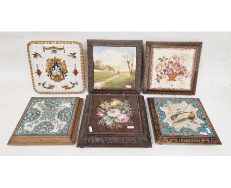 Collection of tiled-mounted wooden trivets, late 19th century, one musical, painted with flowers, a French faience example on