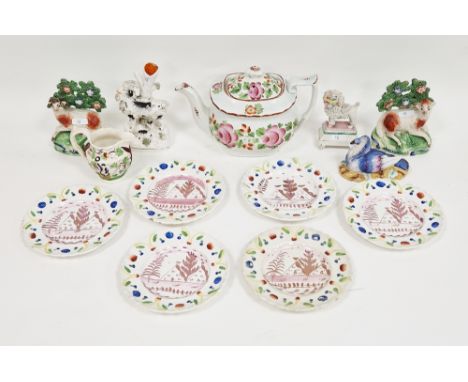 Group of Staffordshire pottery, circa 1820 and later, including a pair of pearlware bocage sheep models, a brightly coloured 