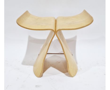 After Sori Yanagi light plywood butterfly stool&nbsp;joined by a chrome metal bar, 43cm wide x 31cm deep x 42cm high&nbsp;