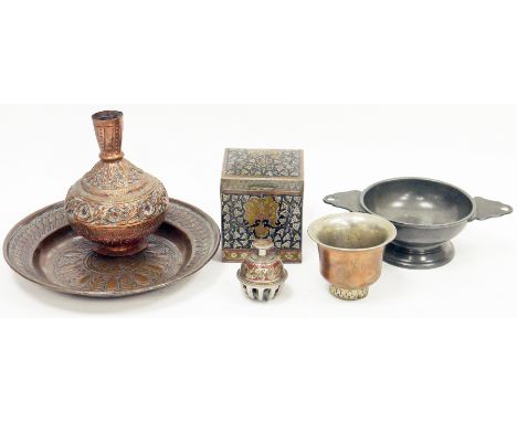 Collection of metalware&nbsp;including an antique pewter quaich with touchmarks, a Persian white metal square box with niello