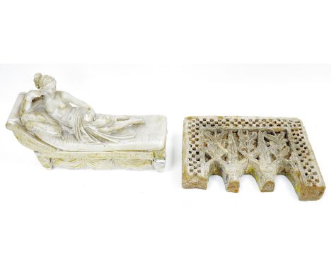 19th century carved alabaster figure of a semi-naked classical female reclining on a chaise longue (damaged), 33cm long toget