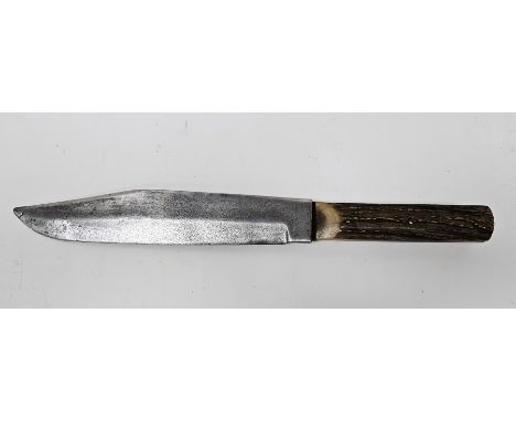 Confederate State Army original Bowie knife with stag antler handle , the steel blade stamped ' Original Bowie knife ' and CS