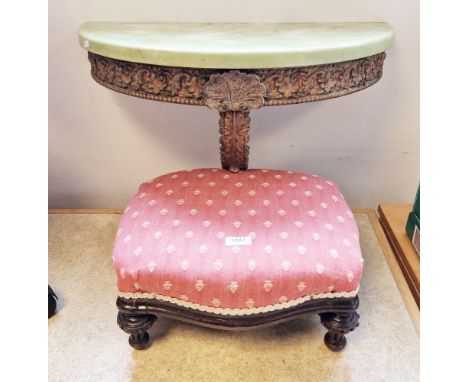 Mid century wall-mounted demi-lune console table&nbsp;with faux onyx top and giltwood base moulded with shell and scrolling f