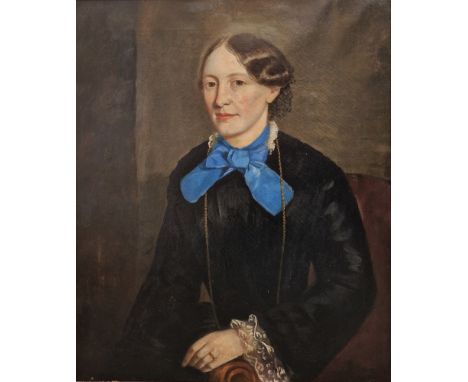 19th century school Oil on canvas Half-length portrait of young woman wearing blue necktie, unsigned, framed, 76cm x 63cm  