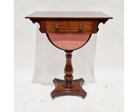 19th century mahogany work table, the single drawer with brass knob handles above a pull-out fabric lined sewing basket, rais