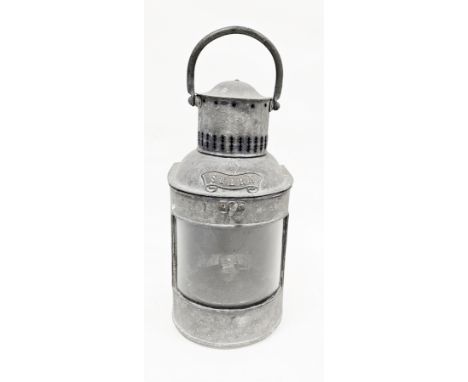 Ships's galvanised ' Stern ' lamp or lantern with burner, raised lozenge mark with the initials DL, 43cm high