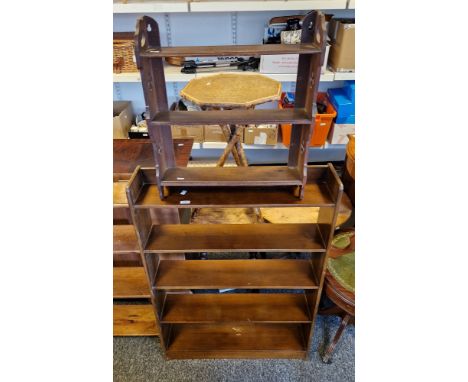 Victorian stained wooden Gothic Revival three-tier hanging shelf&nbsp;with pierced sides, 55cm wide x 59cm high and a mid-20t