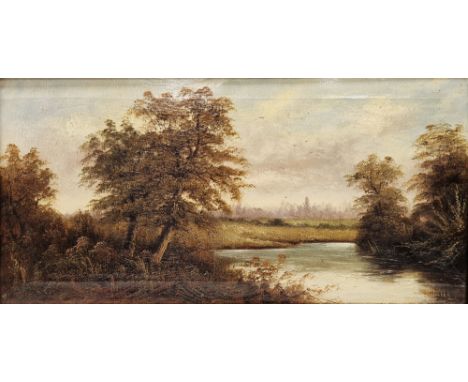 R. Hinds (?) (19th century) Oil on canvas River landscape, indistinctly signed lower right, framed, 30.5cm x 61cm