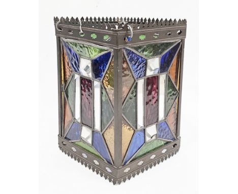 Edwardian metal framed square hanging hall lantern with leaded stained and clear glass panels, 31cm high