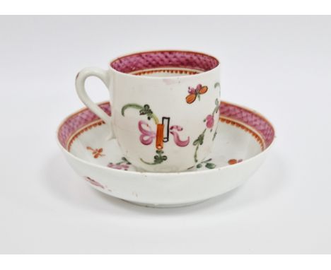 Lowestoft porcelain famille rose 'Top Hat' pattern coffee cup and saucer, circa 1765-75, painted with pink roses and scattere