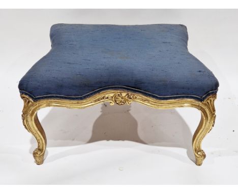 French giltwood square stool, the shaped seat with blue fabric upholstery, raised on a carved frame with scrolling legs, 66cm