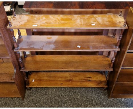 Victorian mahogany four-tier hanging shelf&nbsp;with double turned baluster spindle supports, 93cm wide x 20cm deep x 105cm h