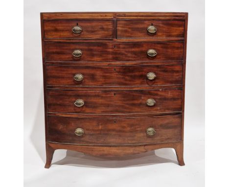 Early 19th century mahogany and rosewood cross banded bowfronted chest of two short over four long graduating drawers with br