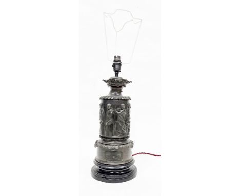 Early 20th century French spelter table lamp, the sides with embossed decoration of classical figures, stamped ' Lampe Aureol