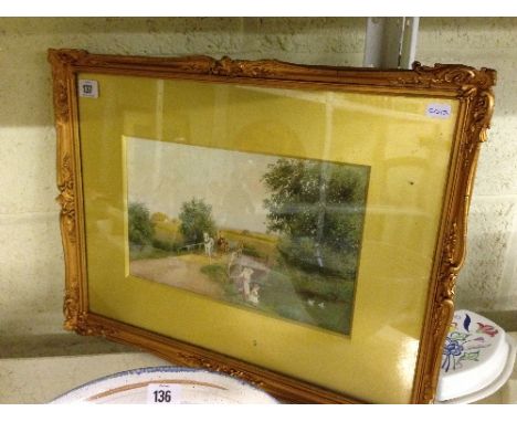 R H Walker: gilt framed and glazed watercolour; Horses and Cart on Bridge with children at river side.