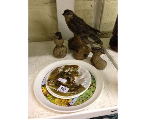 Four various Poole Pottery Barbara Linley Adams stoneware models of Birds (examine) together with three transfer decorated Po