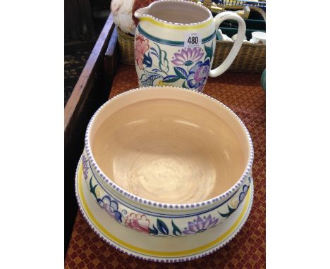 A large Poole Pottery jug decorated in the CS pattern, shape 127 together with a large matching Poole Pottery fruit bowl and 