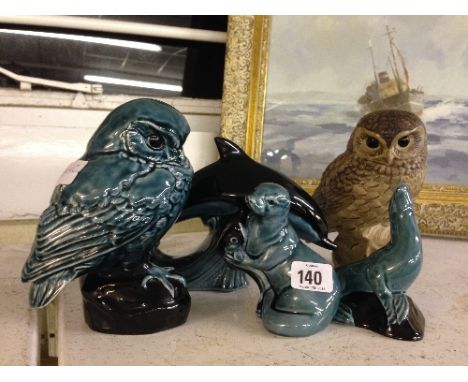 A Poole Pottery Barbara Linley Adams stoneware model of a Little Owl together with a blue glazed Little Owl and three other b