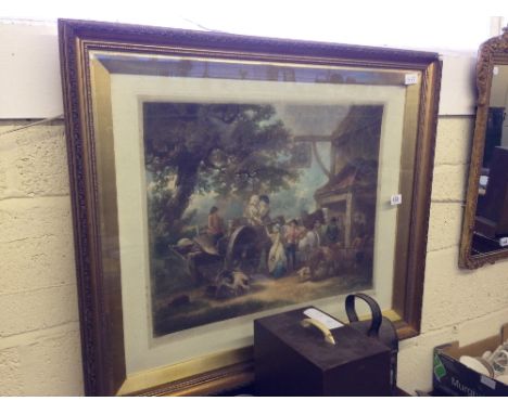 A 19th century George Morland style framed and glazed furnishing print: Villagers on Cart outside the Bell Inn (signed in pen