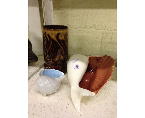 A large Poole Pottery shell in C95 glaze together with a small shell and a large Aegean vase, shape 84, decorated in an abstr