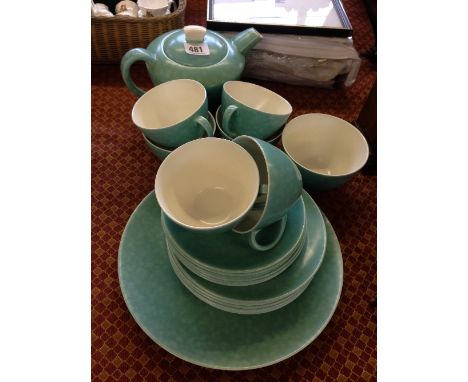 An Art Deco Poole Pottery C65 green glazed teaset complete for six (no milk jug).