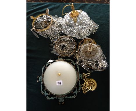 Four various cut glass and drop lustre light fittings together with another.