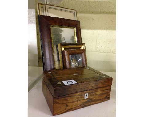 Six various framed and glazed furnishing prints together with a mother of pearl inlaid rosewood box.