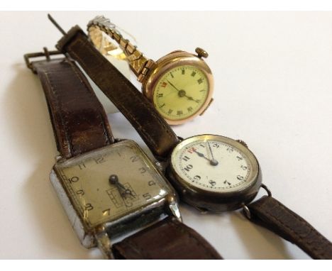 An early 20th century 9 carat gold cased ladies' wristwatch on plated expandable strap together with a silver cased wristwatc