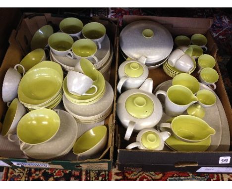 Two boxes containing a large quantity of Poole Pottery Twin Tone table ware in C103 lime and seagull glaze.