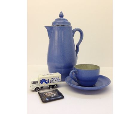 A Carter Stabler Adams Limited blue spray glazed Art Deco coffee pot with matching cup and saucer together with a Poole Potte