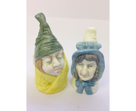 A Royal Worcester fine bone china candle snuffer modelled as Mrs Caudle, circa 1976 together with another: Mr Caudle.