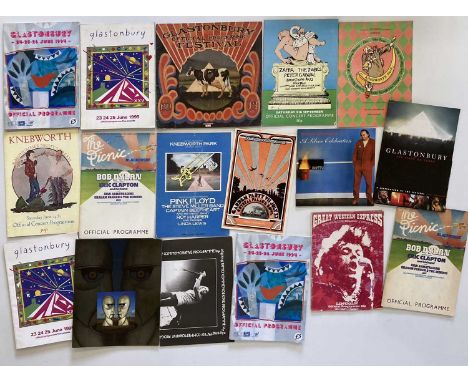 16 assorted programmes to inc; Pink Floyd Knebworth 1976, Reading Festival flyer, six ticket stubs and a badge.