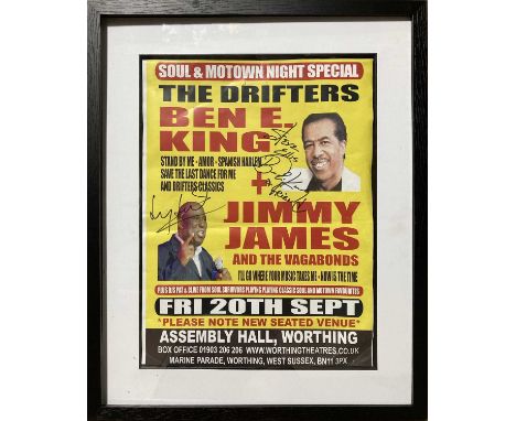 A collection of framed and unframed signed promotional items: a poster signed by Jimmy James and Ben E. King, a flyer and tic