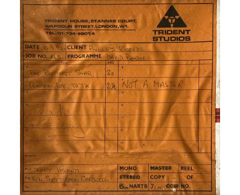 An original tape reel in Trident Studios box, containing two recordings made in January 1970 by David Bowie, Prettiest Star a