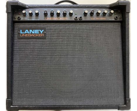 A Laney Linebacker 100 Reverb amplifier with two bright hand-painted covers used by guitarist Rat of Ned's Atomic Dustbin. In