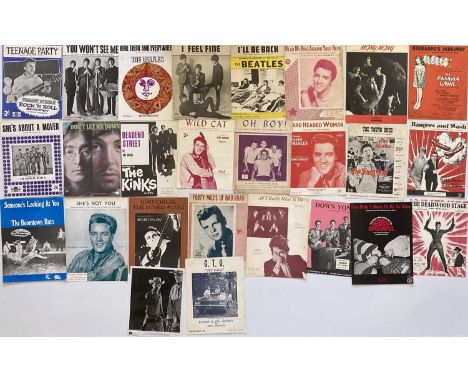 25 pieces of original sheet music and a press photo, to inc: The Beatles (You Won't See Me), Bob Dylan, The Kinks, Duane Eddy