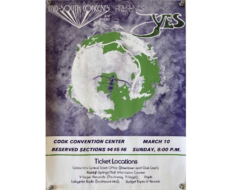 An original concert poster advertising a performance by Yes on March 10th 1974 at Memphis' 'Cook Convention Centre'. Measures
