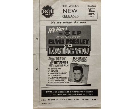 A 1957 RCA promotional leaflet advertising the Elvis Presley 'Loving You' soundtrack LP. Measures 14.5 x 23cm. Small tear fro