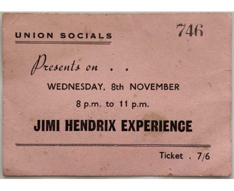 An original ticket on thin card stock for a performance by Jimi Hendrix Experience at Manchester's student union on November 