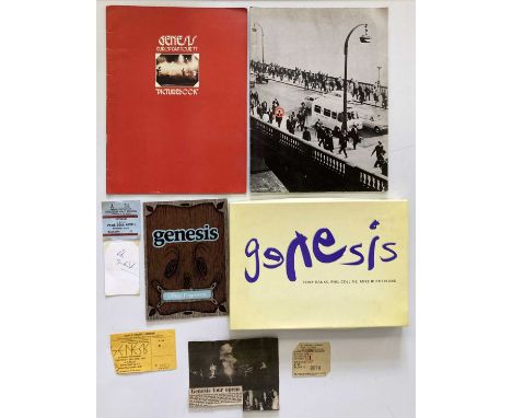 Genesis memorabilia to inc: a business card signed by Peter Gabriel, Genesis 1977 programme, 1975 programme, 1977 picturebook