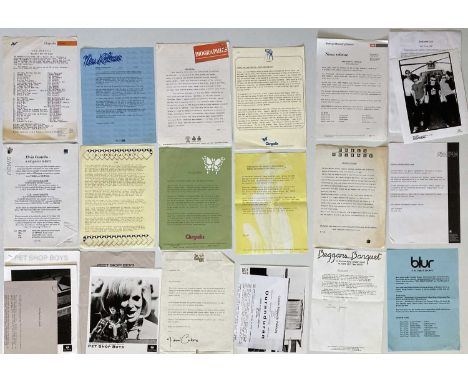 A large quantity of press and promotional items, chiefly A4 sized press sheets/releases for artists c 1990s / 00s. To include